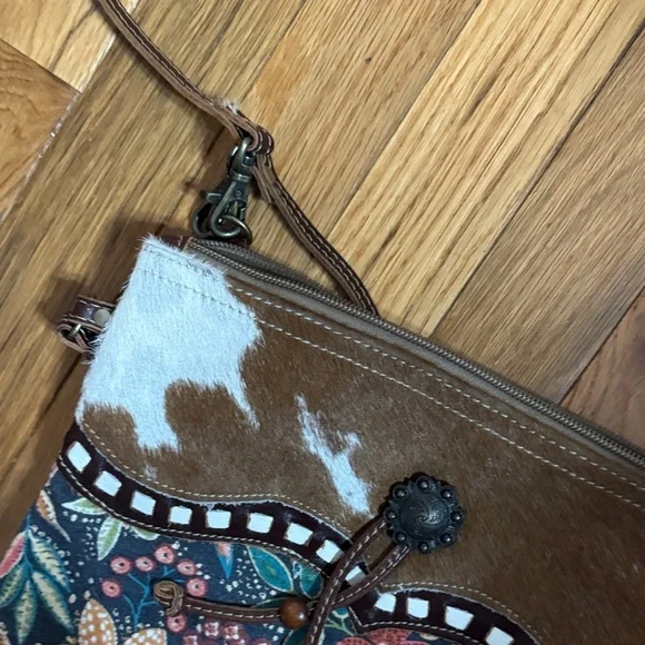 Myra Bag Floral Patterned Brown Leather Crossbody Bag - Picture 5 of 6